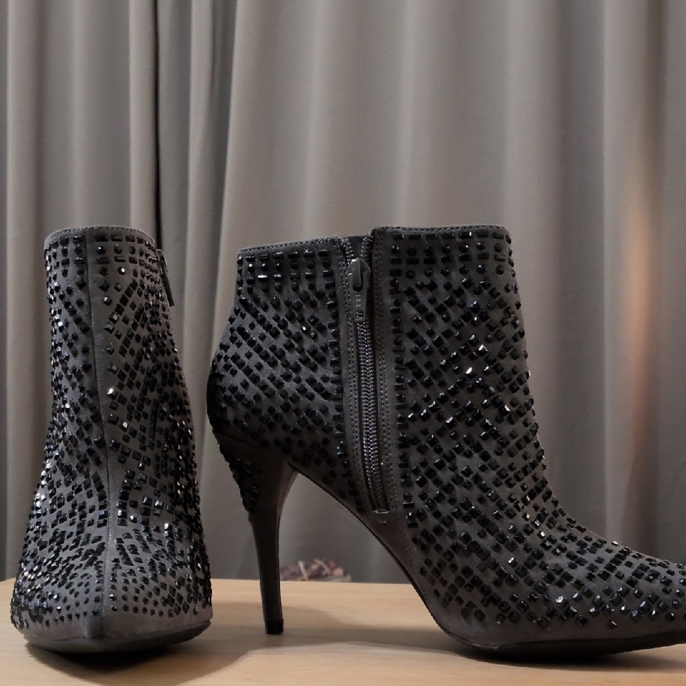 Vintage Gianni Bini Gray Suede Booties With Black Rhinestones